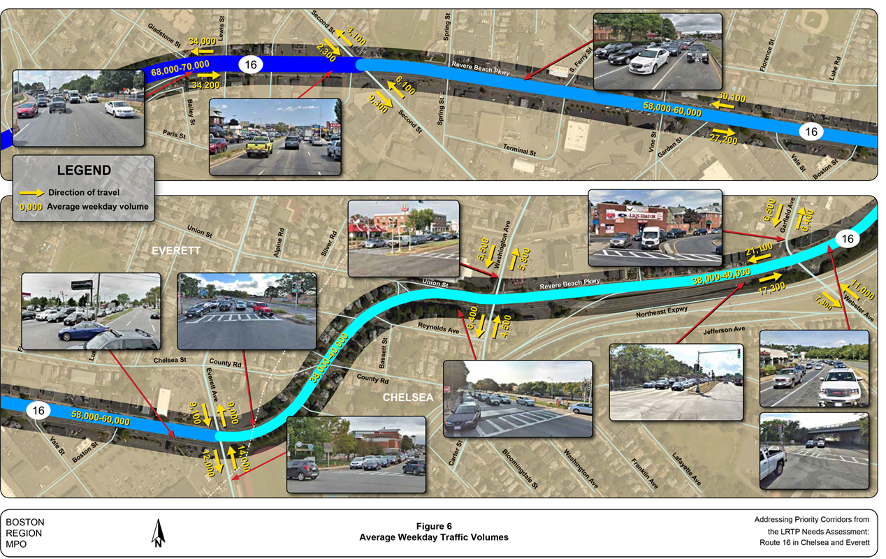 Figure 6
Average Weekday Traffic Volumes
Figure 6 is a map of the study area showing the average weekday traffic volumes on Route 16 in Chelsea and Everett.
